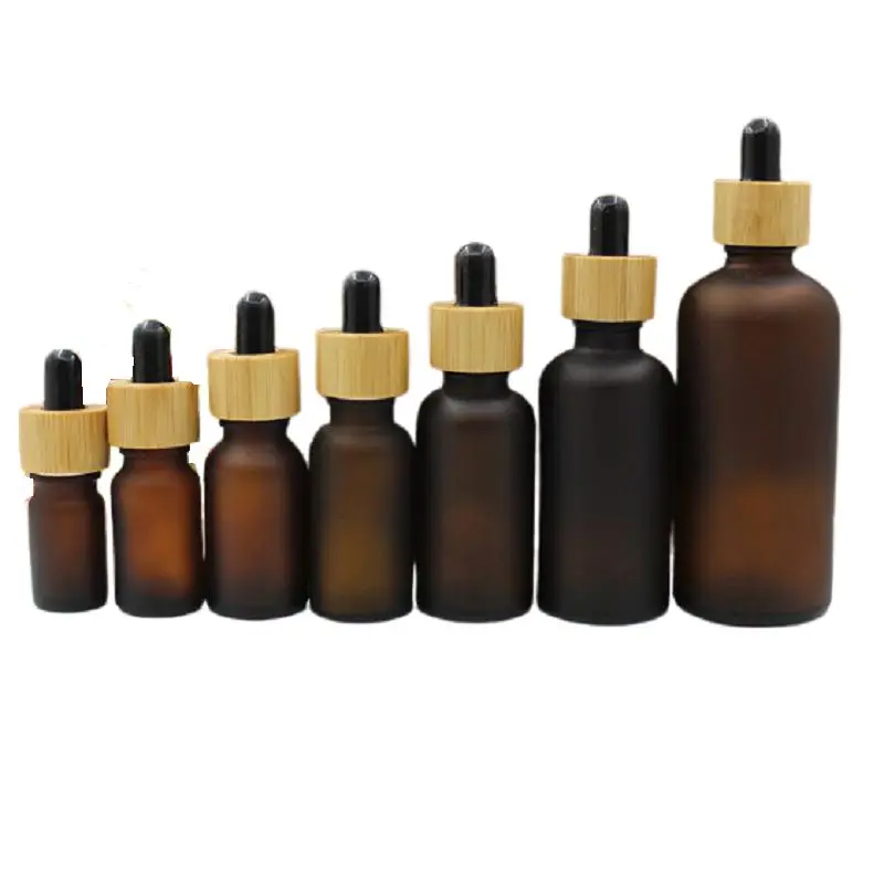 

Essential Oil Dropper Bottles Empty 5ml10ml15ml30ml50ml100ML Amber Frost Refillable Bamboo Wood Lid Serum Cosmetic Glass Bottle