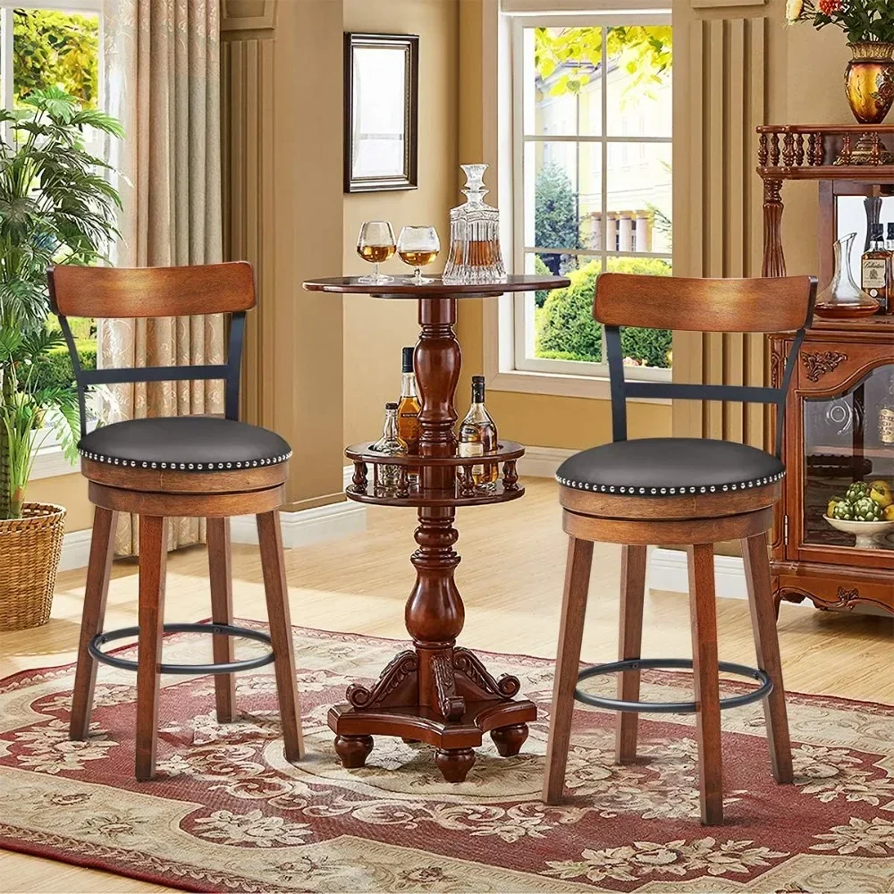 Bar Stools Set of 2, 360-Degree Swivel Stools with Leather Padded Seat, Single Slat Ladder Back & Solid Rubber Wood Legs