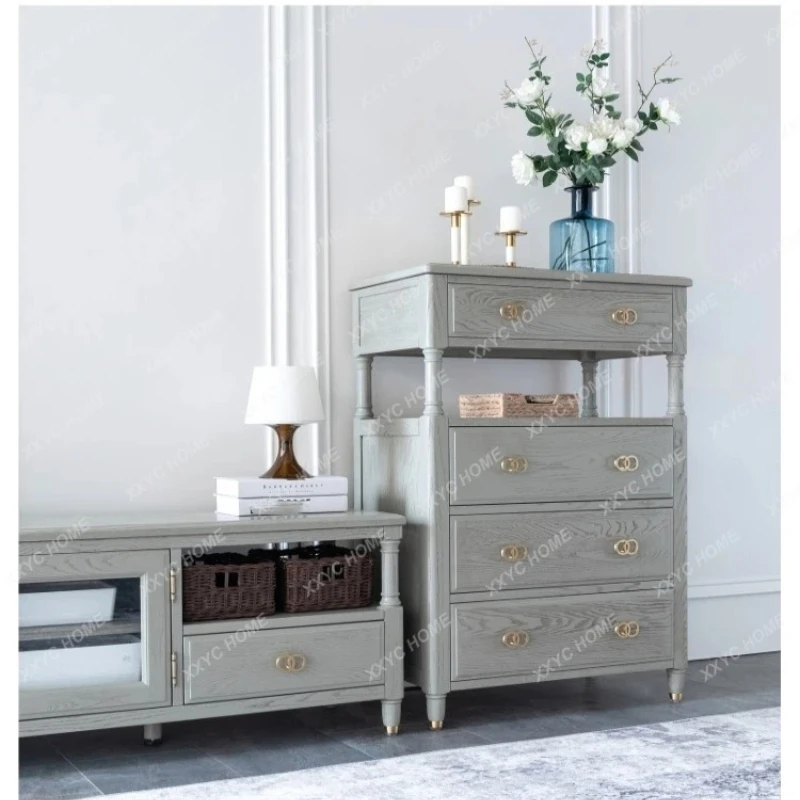 X-S retro old all solid wood light luxury premium gray bedroom storage modern simple side cabinet HG