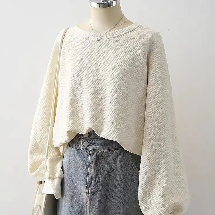 Korean Style Texture Knit Hoodie Women's Autumn Winter New Loose Slimming Versatile Fleece Lined Thickened round Neck Top