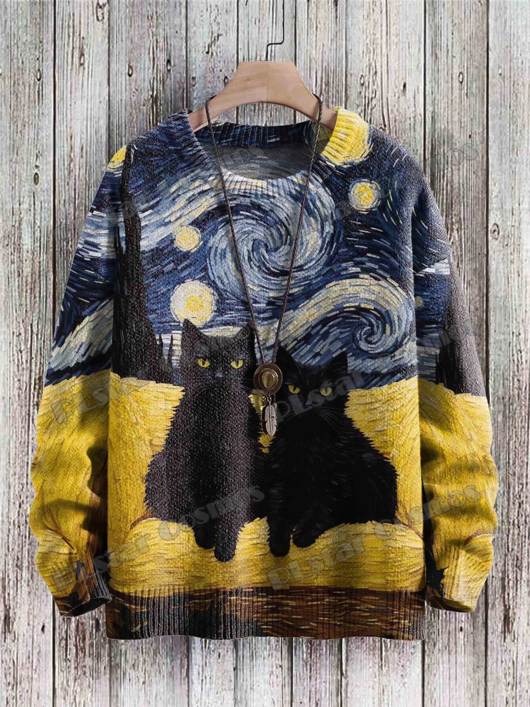 Vintage Cute Cat Abstract Art Pattern 3D Printed Men's O-Neck Knitted Pullover Winter Unisex Casual Knit Pullover Sweater ZZM42