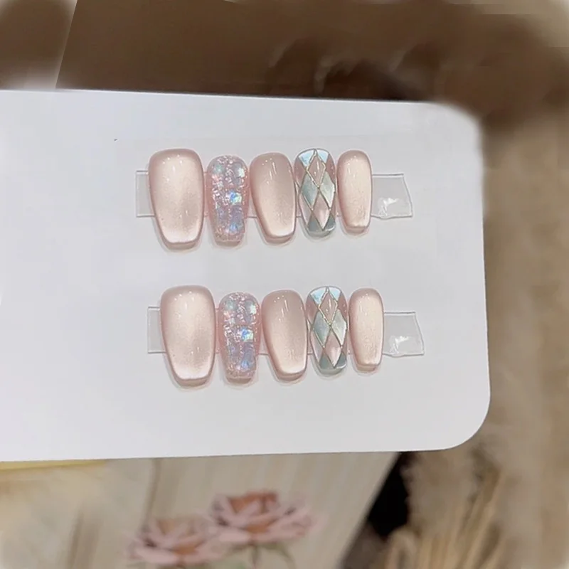 

10pcs Diamond Pattern Cat-Eye Handmade Nails Medium-Square Shape Press on Nail for Women&Girl Pink Removable Wearable Nail