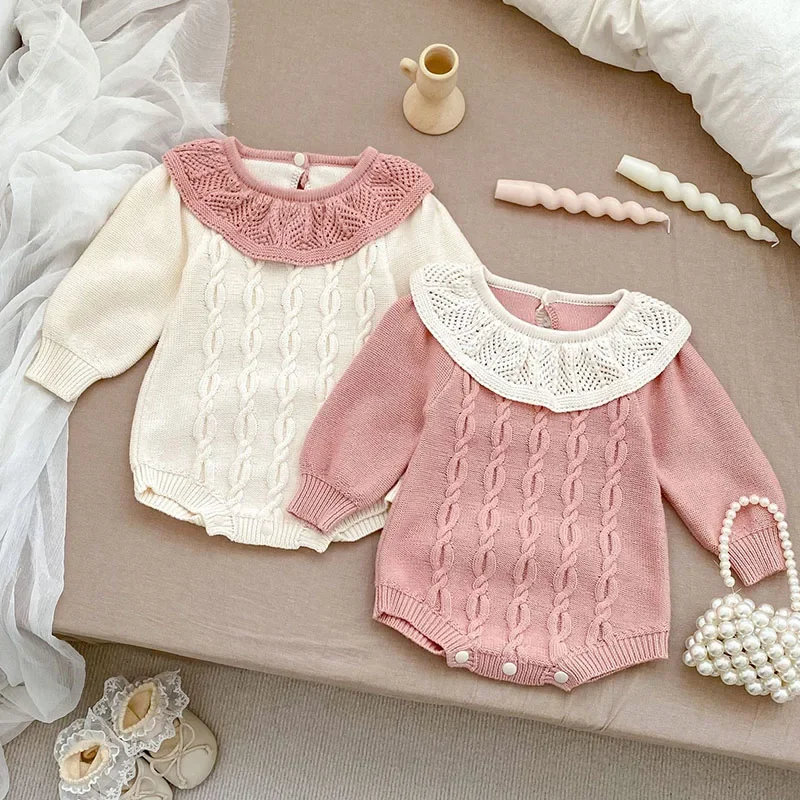 2024 New Autumn Newborn Baby Girls Knitted Bodysuits Long Sleeved Splicing Infant Baby Girls Jumpsuit Children Knitted Clothes