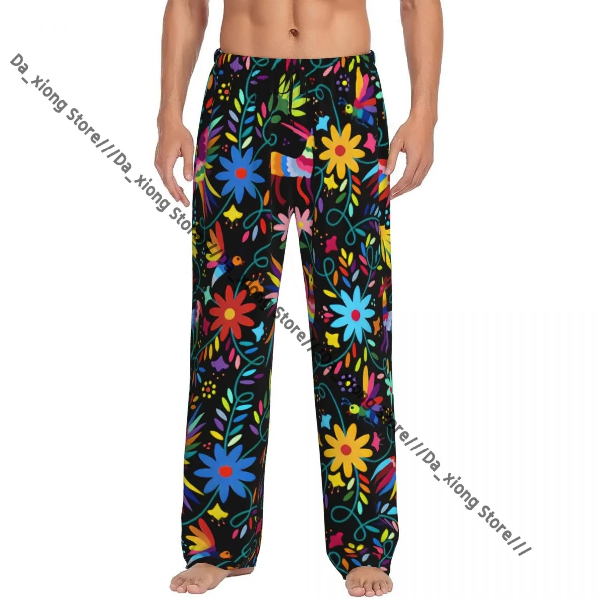 Ethnic Mexican Otomi Birds Flowers Mens Pajamas Pyjamas Pants Lounge Pants Sleep Bottoms