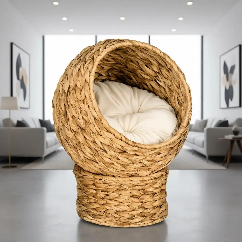 Cama Elevada para Gatos em Rattan com Capa Removível, 17 polegadas, Marrom