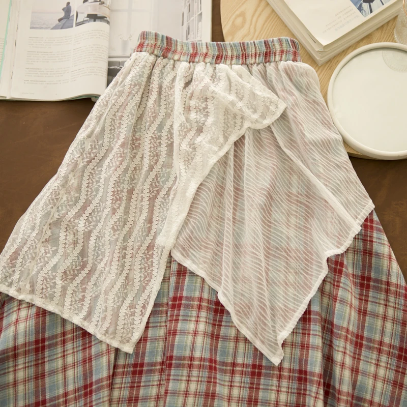 اليابانية خمر موري فتاة منقوشة الدانتيل المرقعة غير المتماثلة التنانير القطنية المرأة الصيف مرونة الخصر عادية فضفاض ألف خط التنانير