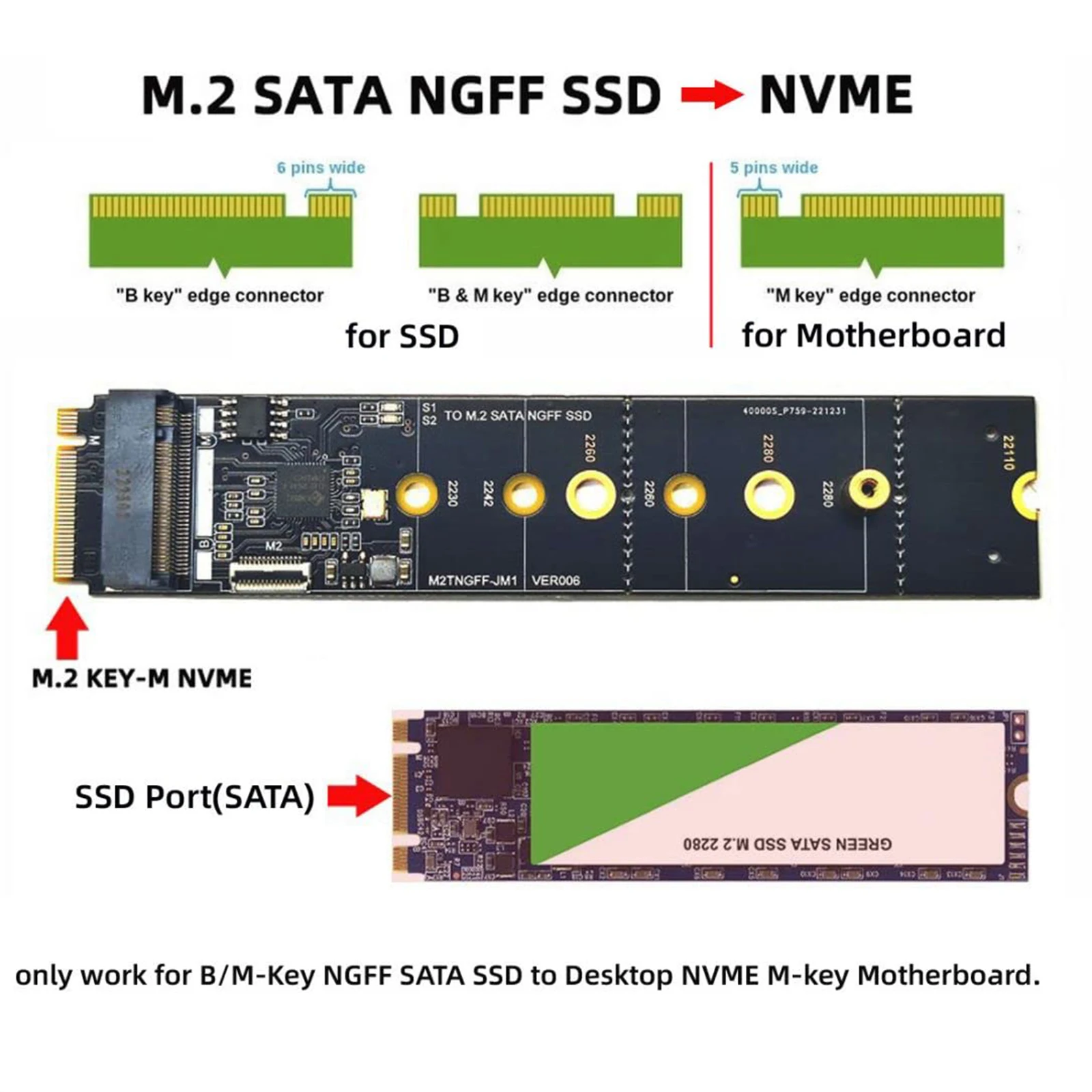 M.2 SSD SATA NGFF B+M Key to NVME M-Key Expansion Card Converter Adapter JMB582 Chipset for Motherboard 2230/2242/2260/2280