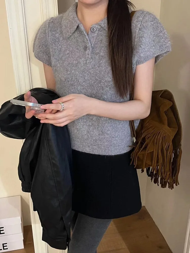 

Spring ort Sve Knitted irt Women's Faionable Chic Personali Turn-down Collar Slimming High-ade Ele Top