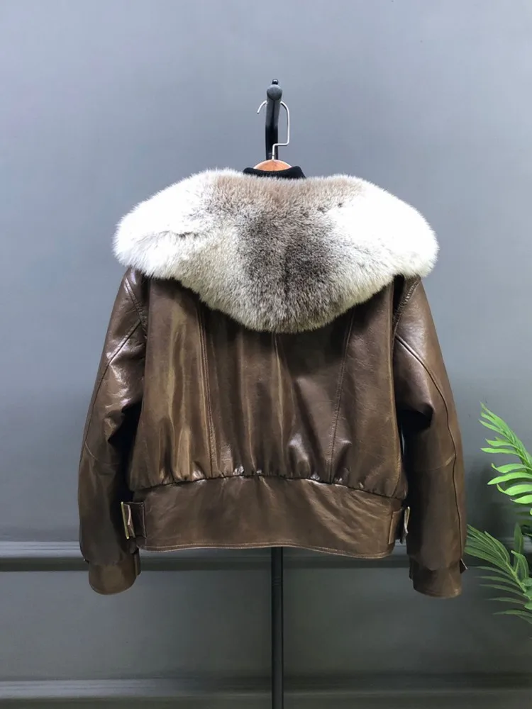 Luxury Winter Women Fox Fur Collar Goose Down Jacket Loose Fit Oil Wax Real Sheepskin Genuine Leather Jacket Thick Warm Overcoat