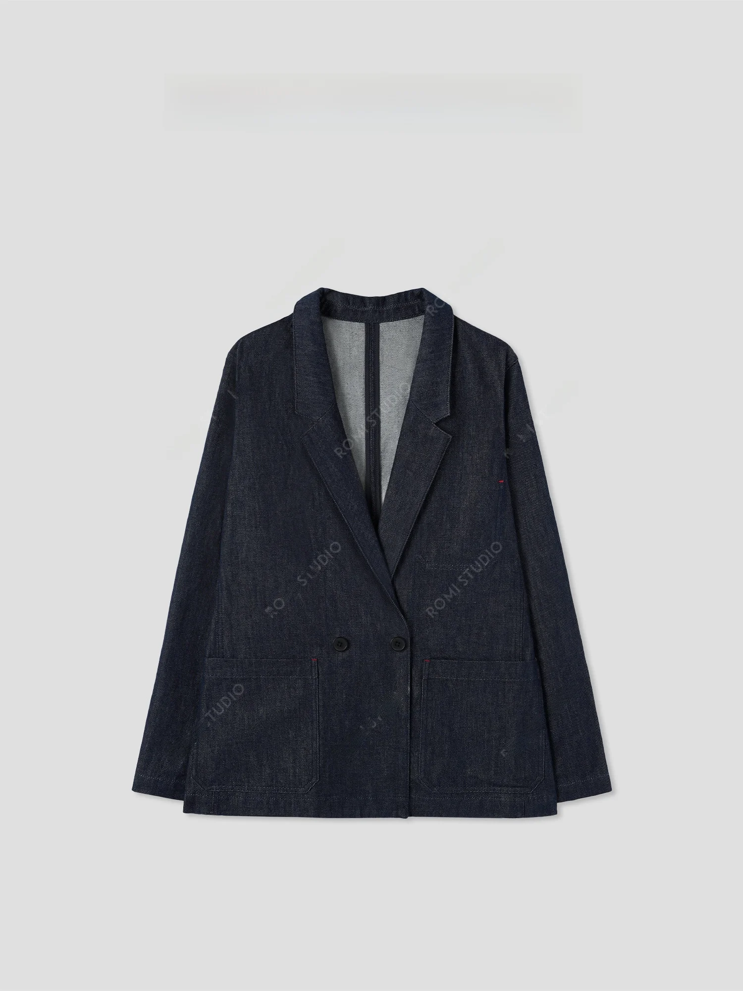 

Romi Studio Japanese Vintage Cotton Gingham Double Breasted Denim Suit Jaet RWBAW8682 Loose Fit Casual Sle Women's Suit