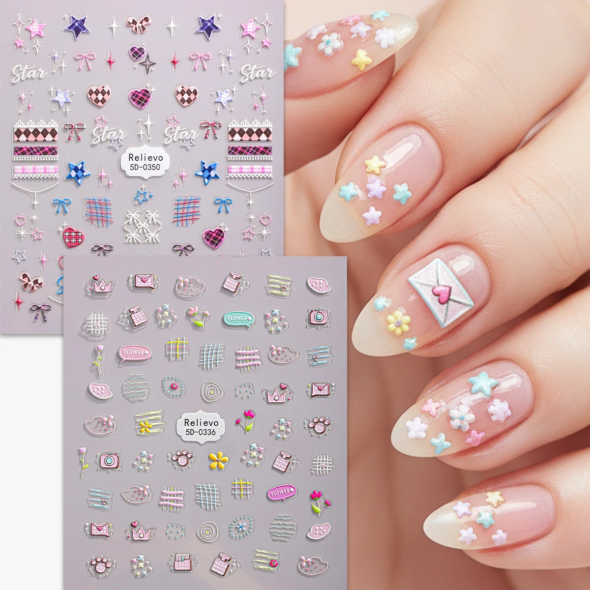 2 pçs arte do prego sticke 5d alívio doce legal coração estrela auto-adesivo decalques de unhas para slider diy manicure decoração