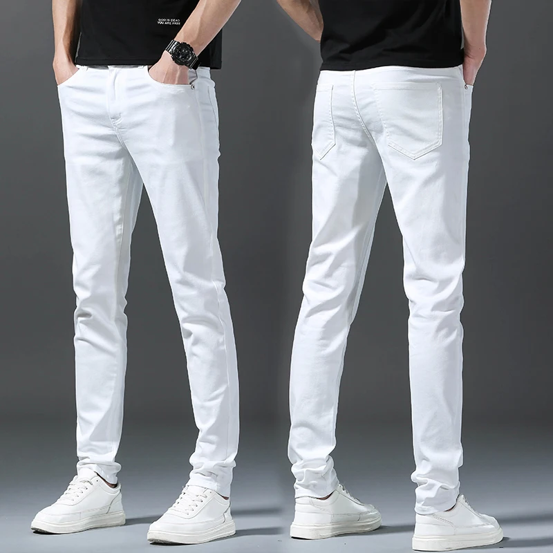 2024 Autumn New White Men\'s Jeans Straight Slim Solid Color Casual Denim Trousers Classic Male Brand Clothing Pants