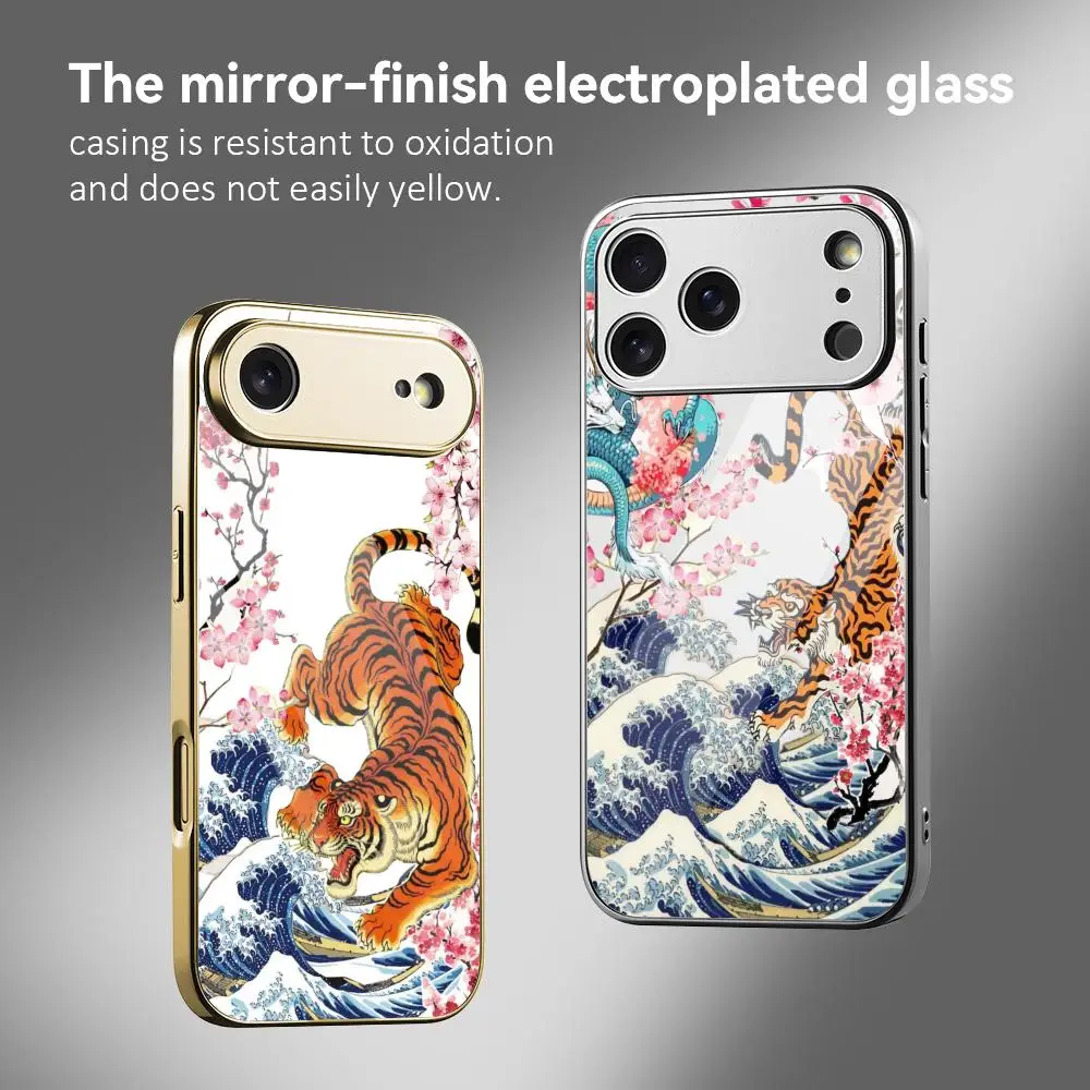 

fashion luxury Pink tiger Phone Case For iPhone 17 16 15 14 13 12 Pro Max Plus Electroplated Metal Bumper Case Tempered
