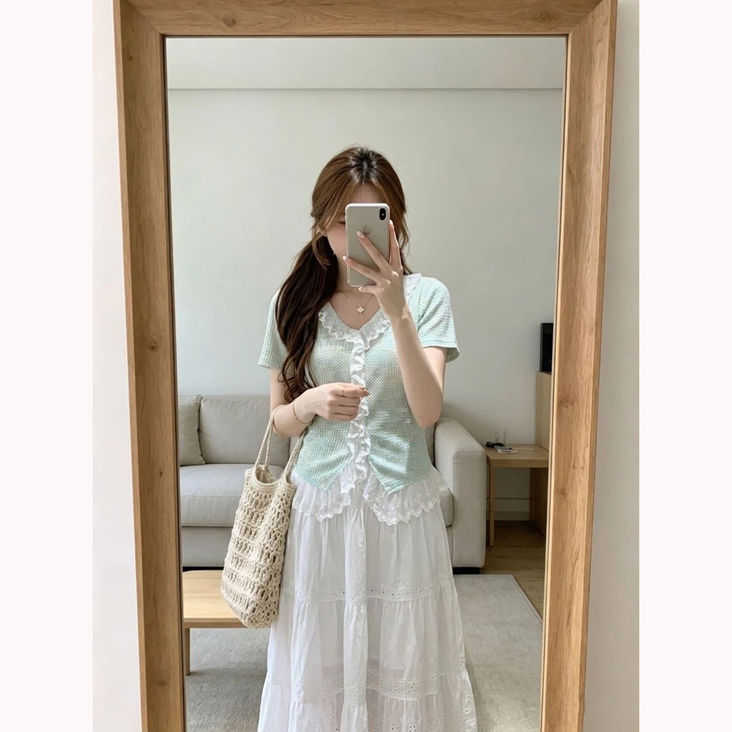 Korean Style Lace Trimmed Patchwork Shirt Elegant Slimming Top Trendy Women's T-shirt Commute Style Short Sleeve Regular Length