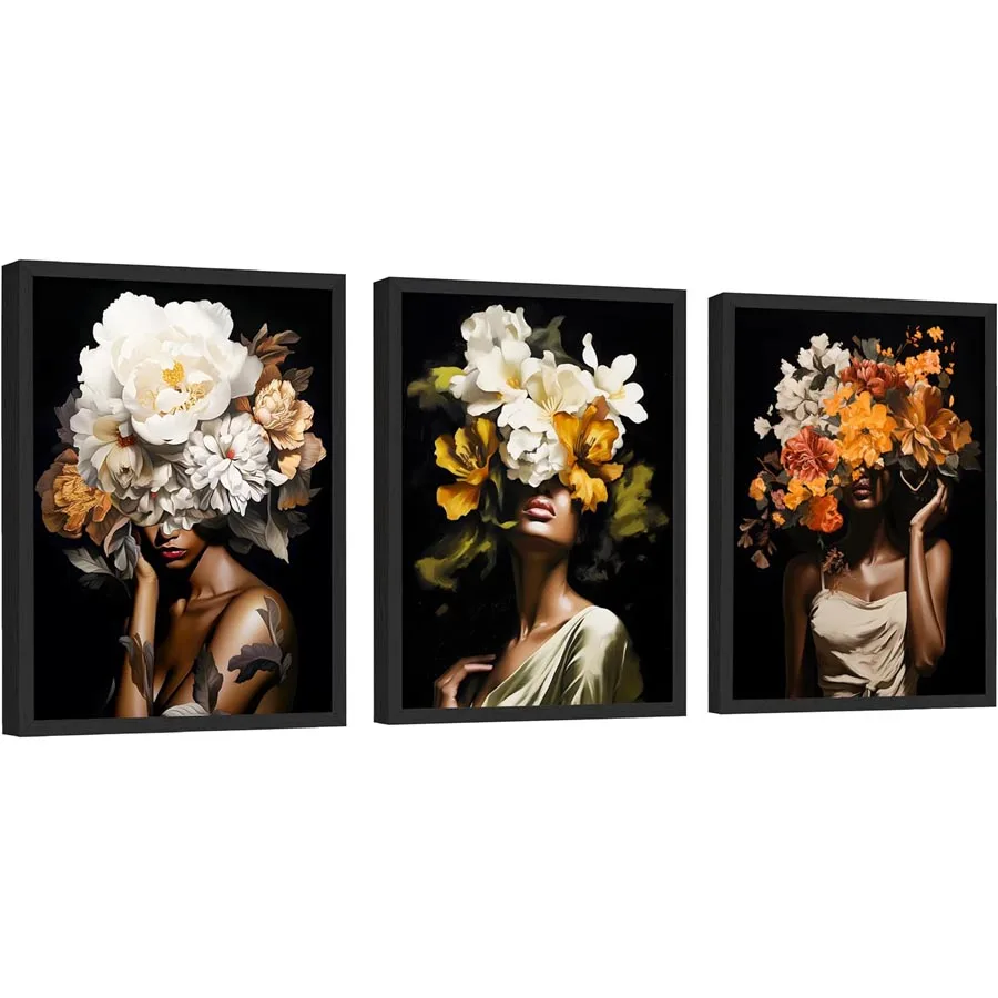 Black Lady Flower Head 3 pcs diamond embroidery african Girl Wall Decoration, Abstract woman diamond painting mosaic triptych