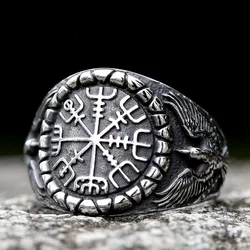 New Fashion 316L Stainless Steel Unique Viking Compass With Eagle Ring For Man Women Biker Jewelry for gift free shipping