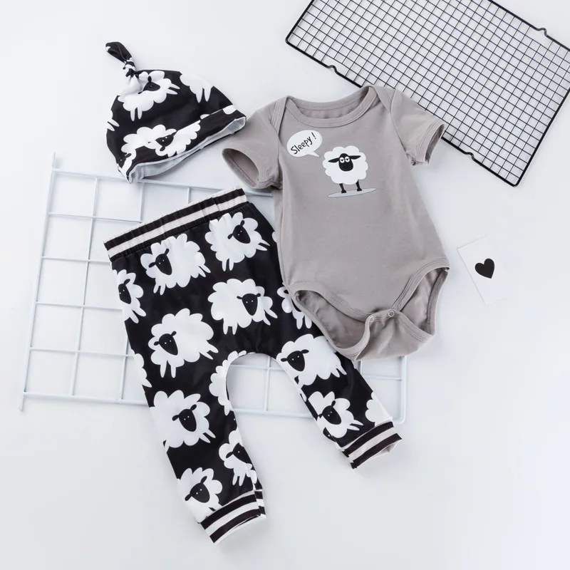 

Boys' Toddler Outfit Wholesale Baby Cartoon Clothes Romper Long Pants Hat Infant Three-Piece Set Boys
