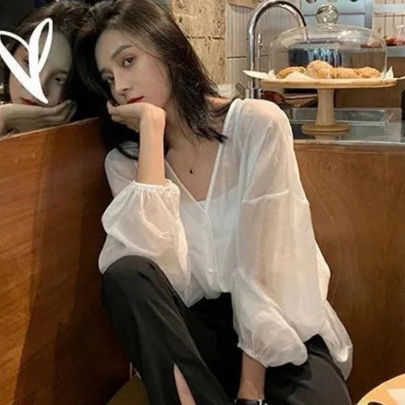 Shirts Women Temperament Sheer Hotsweet Casual Sun-proof V-neck Popular Summer Thin Simple Korean Style Female Loose Breathable