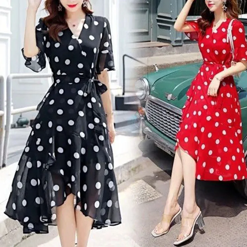 

Polka Dot Dresses 2024 New Summer Fashion Ruffles V-neck Flare Sleeve Ladies Dresses Office Lady Pleated Chiffon Midi Dress