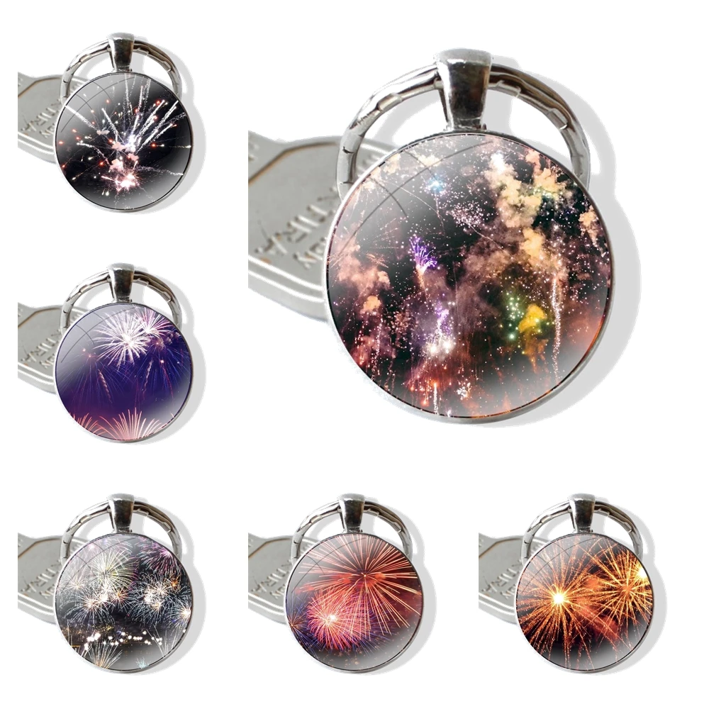 Fireworks White Flowers Lovely Design 25mm Glass Cabohcon Keychain Key Rings for Women Men Jewelry Gift