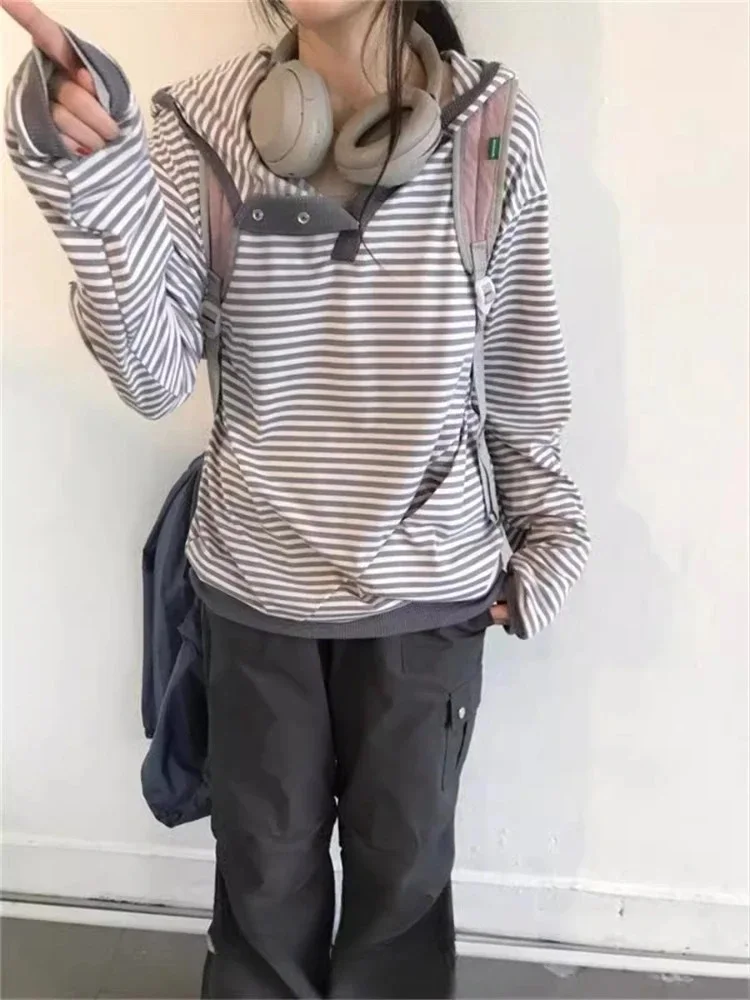Styl Preppy koreańskie bluzy z kapturem w paski bluzy z długim rękawem 2025 Ropa Mujer moda codzienna bluza z kapturem odzież damska Y2k topy