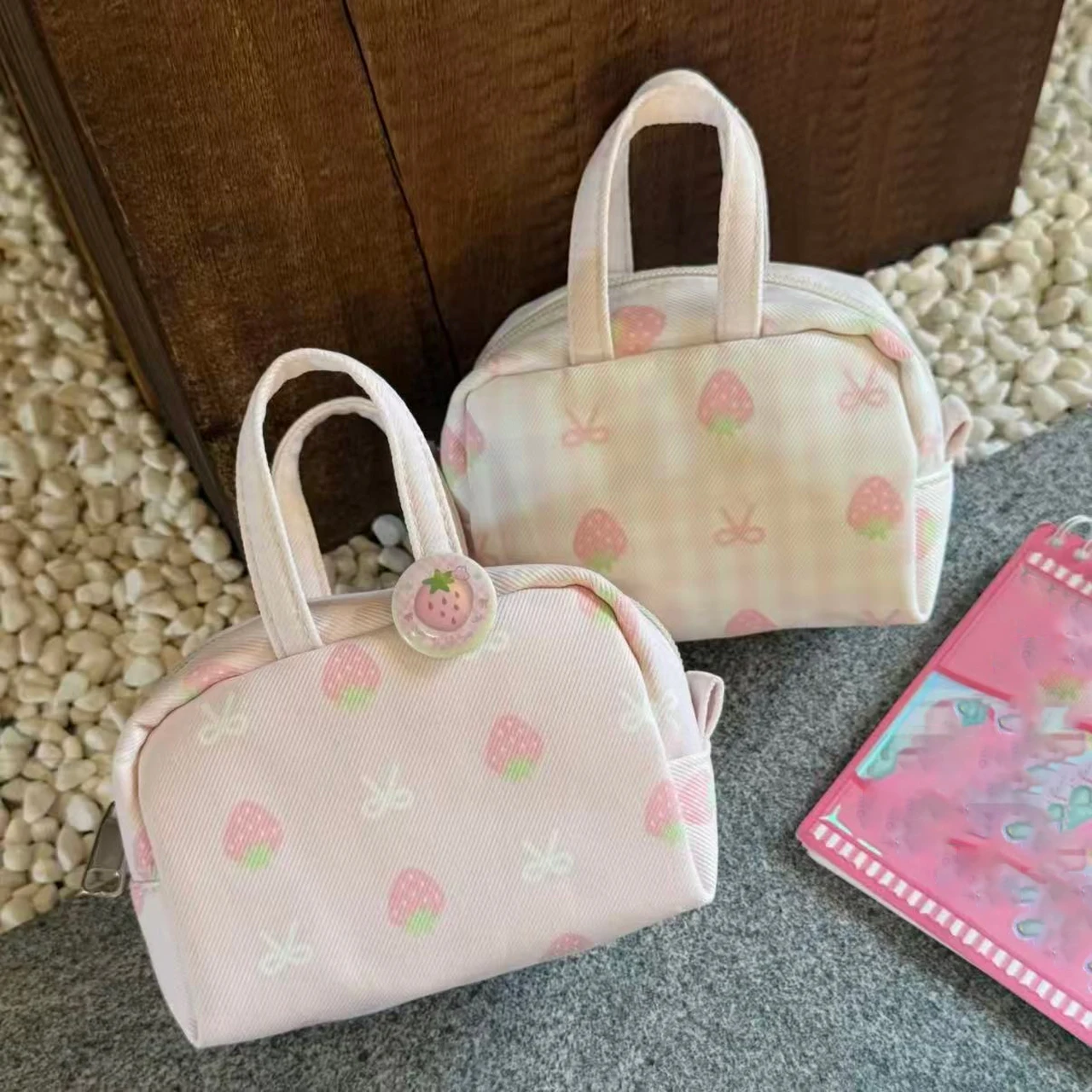 Korean Coin Purse with Soft Cute Strawberry Bow Handheld Makeup Bag Small Portable Perfect Girls Carry Small Items Mini Handbag