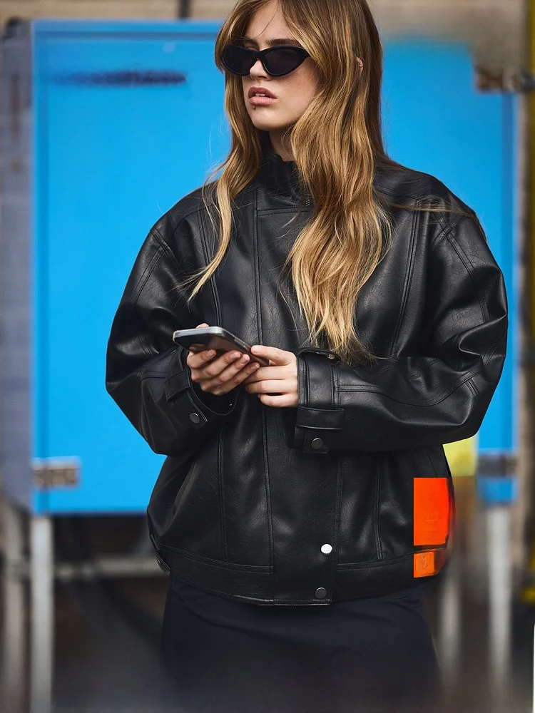 

H&M Winter Women's Loose Fit Motorcycle Jacket 1298601 Long Sleeve Zipper Closure Polyester Fiber Stand Collar Coat