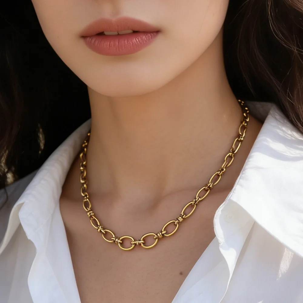 

Classic Cuban Women Necklace Stainless Steel Multi Round Beads Choker Cable Chain Stackable No Fade Golden Paperclip Necklaces