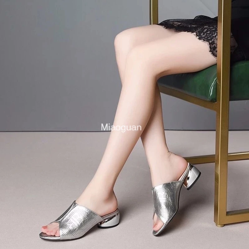 Plus Size PU Leather Slippers Women\'s Silver Gold Sexy Med High Heels Square Heels Fashion Outdoor Jelly Sliders Casual Sandals