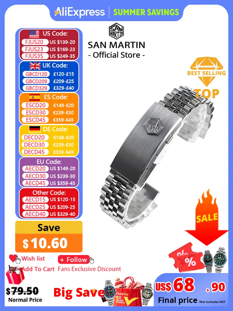 San Martin 316L Stainless Steel 5 Links J Bracelet Watch Parts For 20mm Curved End Links Fly Adjustable Clasp For SN0008 SN0128