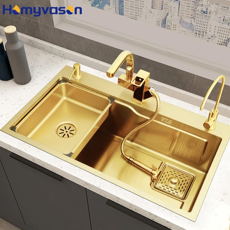 

Nano Gold Undermount Stainless Steel Faucet Pull Out Modern Design Double Bowl Smart Multifunctional Kitchen Sink