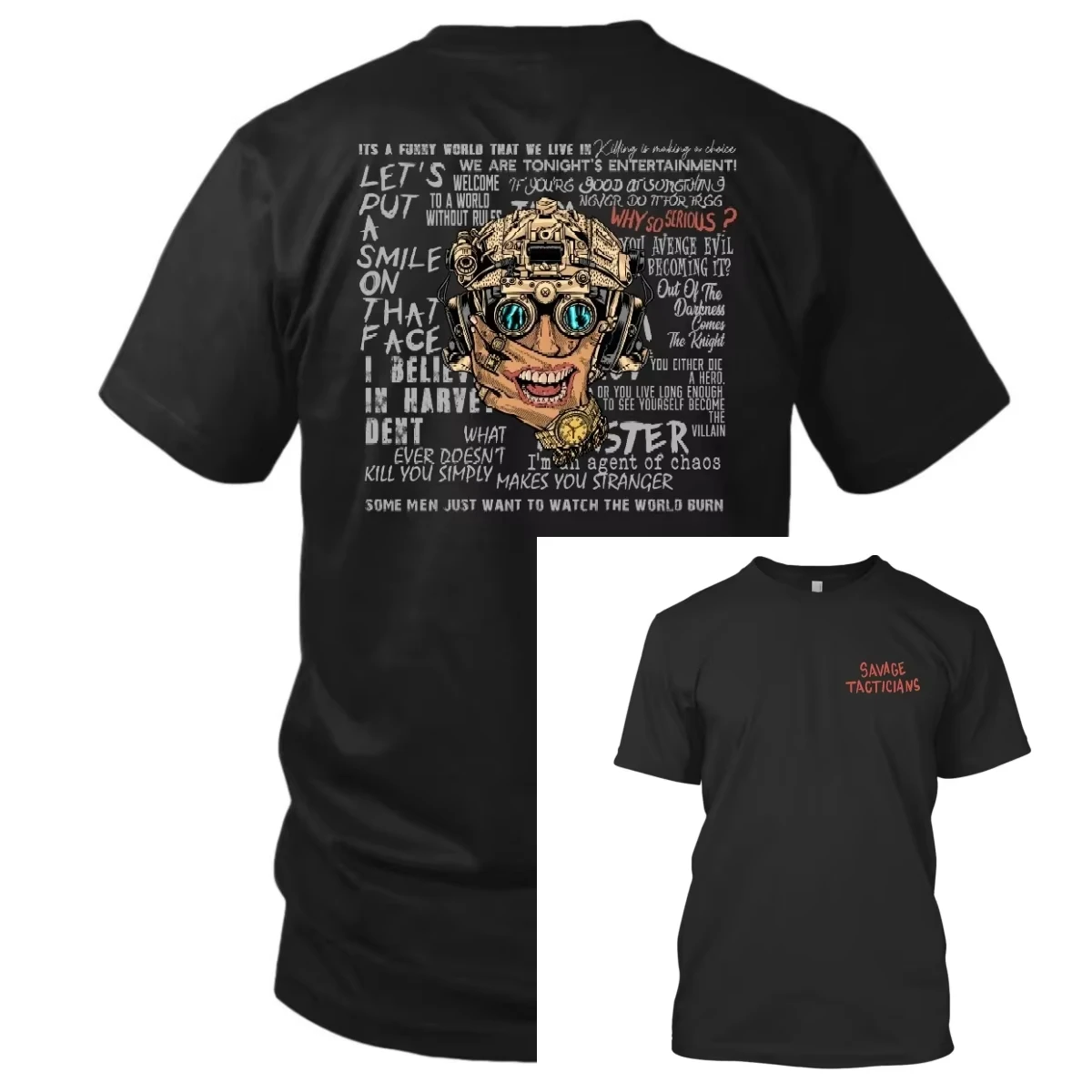 Savage Tacticians Dual Sides Front Chest Logo Back Print Top for Alternative Dark Tactical Enthusiasts Casual Street Look