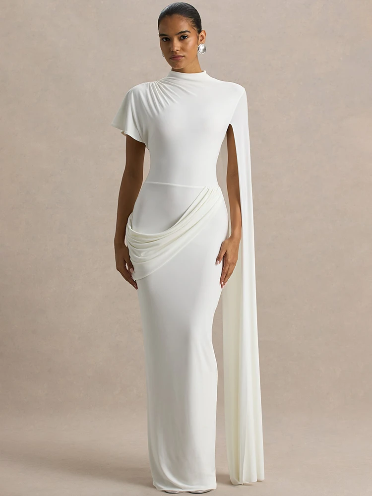 

Blifanbo Ribbon Ruched Sexy Maxi Dress Women Elegant Gown Short Sleeve Bodycon Solid Slim Fashion Club Party Evening Long Dress