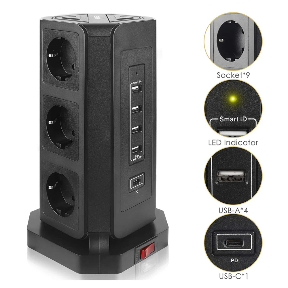 Vertical Power Strip EU Electrical Tower Kr Plug Outlet Socket USB Type C Cable Surge Short Circuit Protector 2m Extension Cord