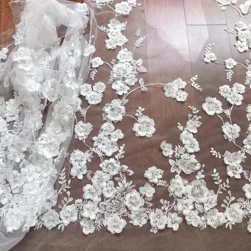 Width 86cm and 135cm High Quality White Beaded Applique Embroidery Lace Fabric, Handmade Wedding Dress, White Accessories,