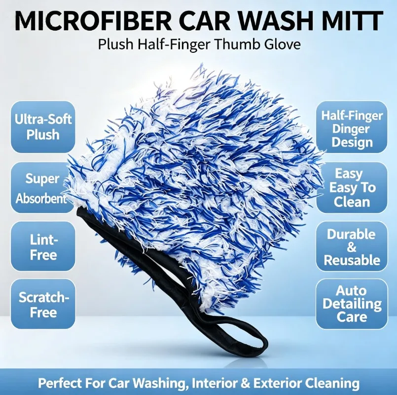 Plush Microfiber Car Wash Mitt, Half-Palm Cleaning Glove, Special for Auto Washing & Car Detailing