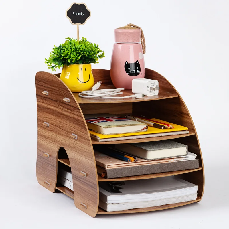 Large Capacity Curved Desktop A4 Storage Box Wooden File Rack Non-Slip Combination organizer
