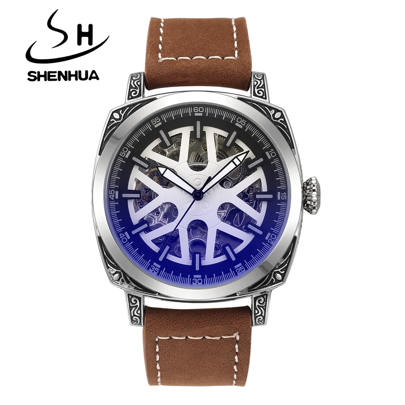 

SHENHUA Retro Style Men Automatic Mechanical Watch Blue Face Glass Genuine Leather Strap Casual Sports Skeleton WristWatches for