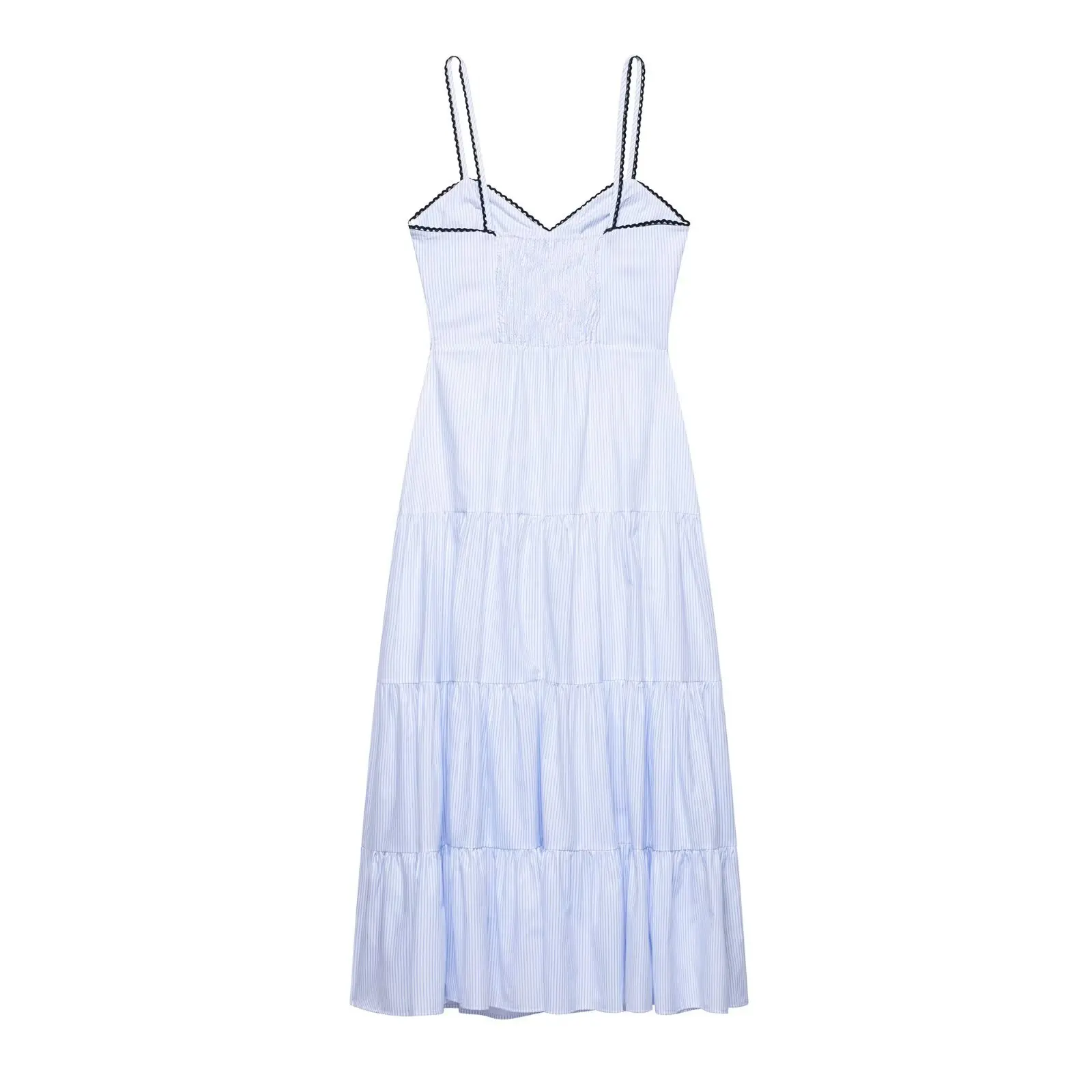 Abito elegante con bretelle arricciate a strati a righe Abito da donna con scollo a V senza maniche senza schienale Abito a trapezio 2025 Abito estivo da donna