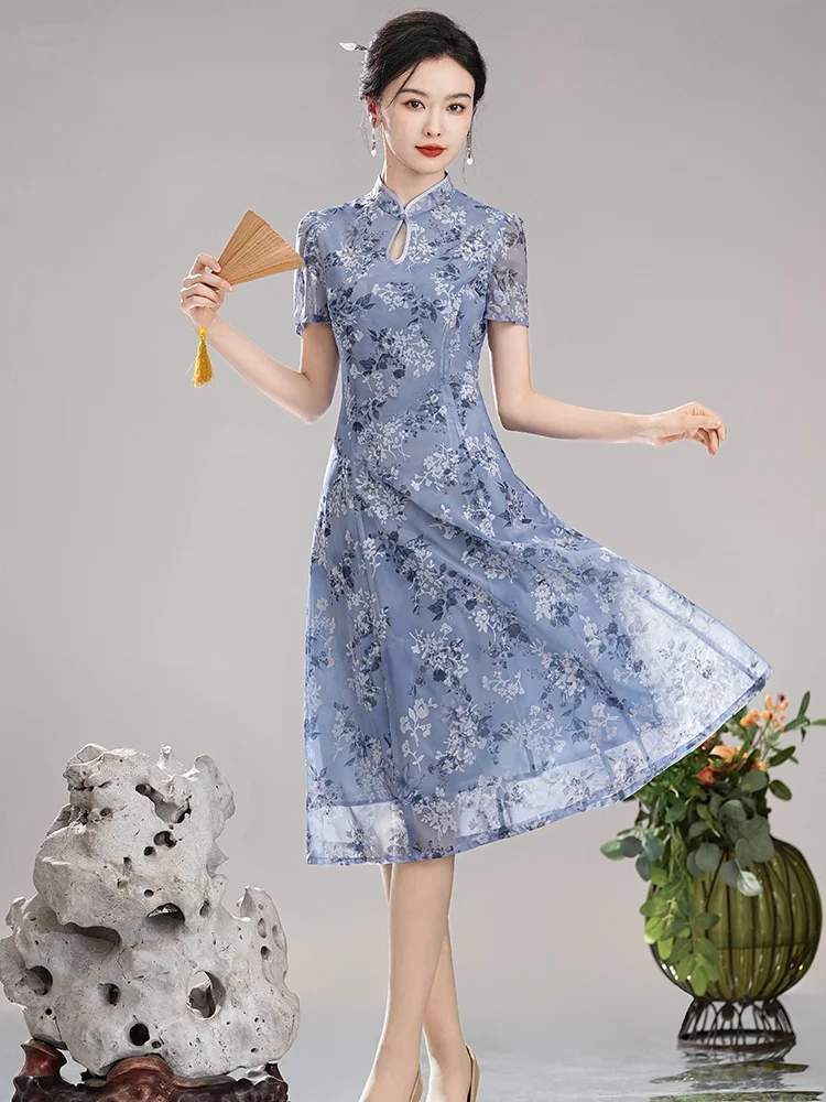 

Xiu Guan Tang Purple Mist 2025 Летняя новинка: улучшенная повседневная женская одежда из бархата с принтом и вырезами-каскадами Dr Ele Lady