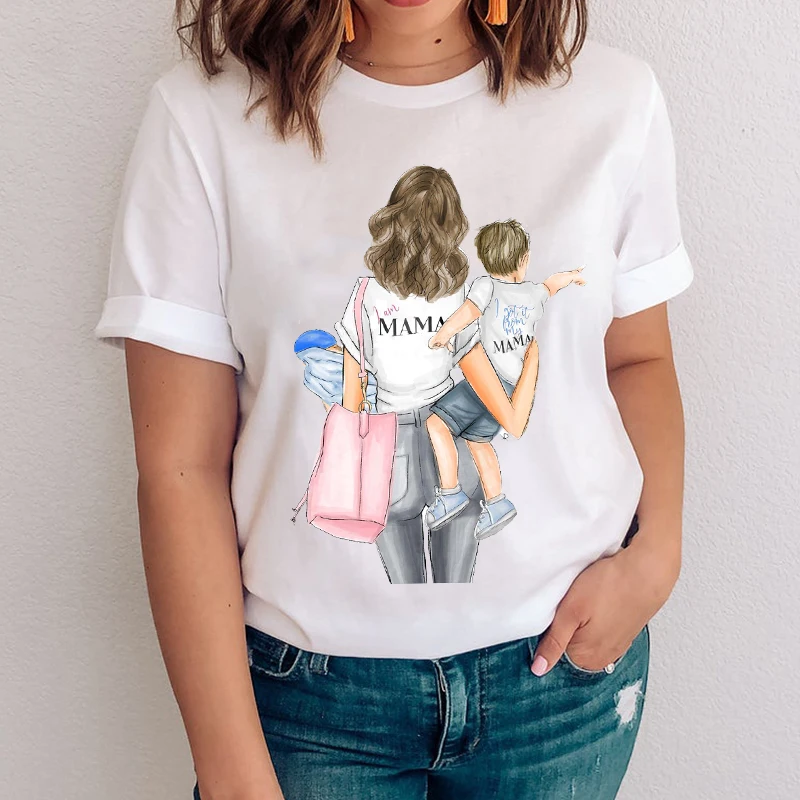 Donne Graphic Happy Time Lovely Cartoon Mom Mama Mother Boy Son Vacation Lady top abbigliamento Tees Print Wear Tshirt t-shirt