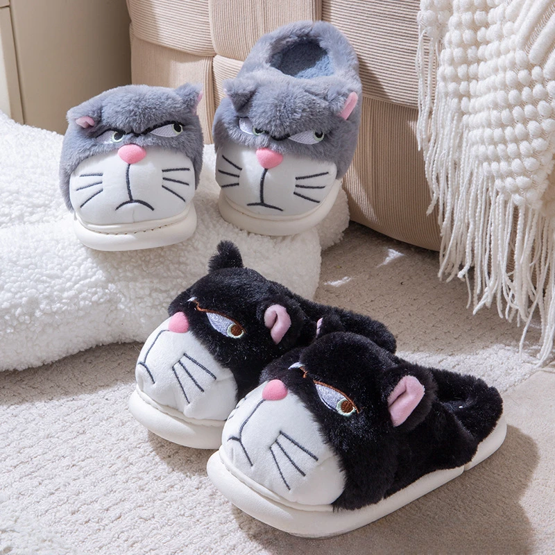 Disney Lucifer cartoon winter plush warm cotton slippers female cute cat breathable thick bottom non-slip couple home slippers