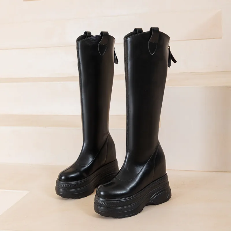 Botas de couro genuíno para mulheres, botas internas de salto alto de 11cm, moda, nova, 2024