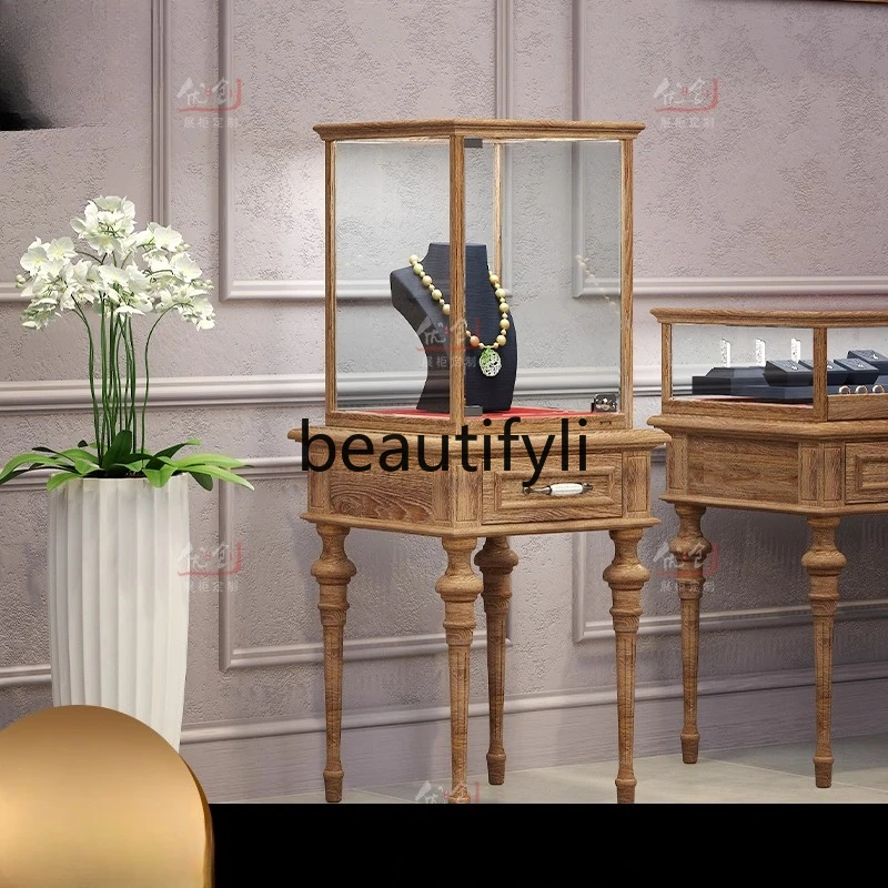 خمر الخشب الصلب الرجعية خزانة عرض المجوهرات اليشم الزجاج خزانة عرض المنتج #2