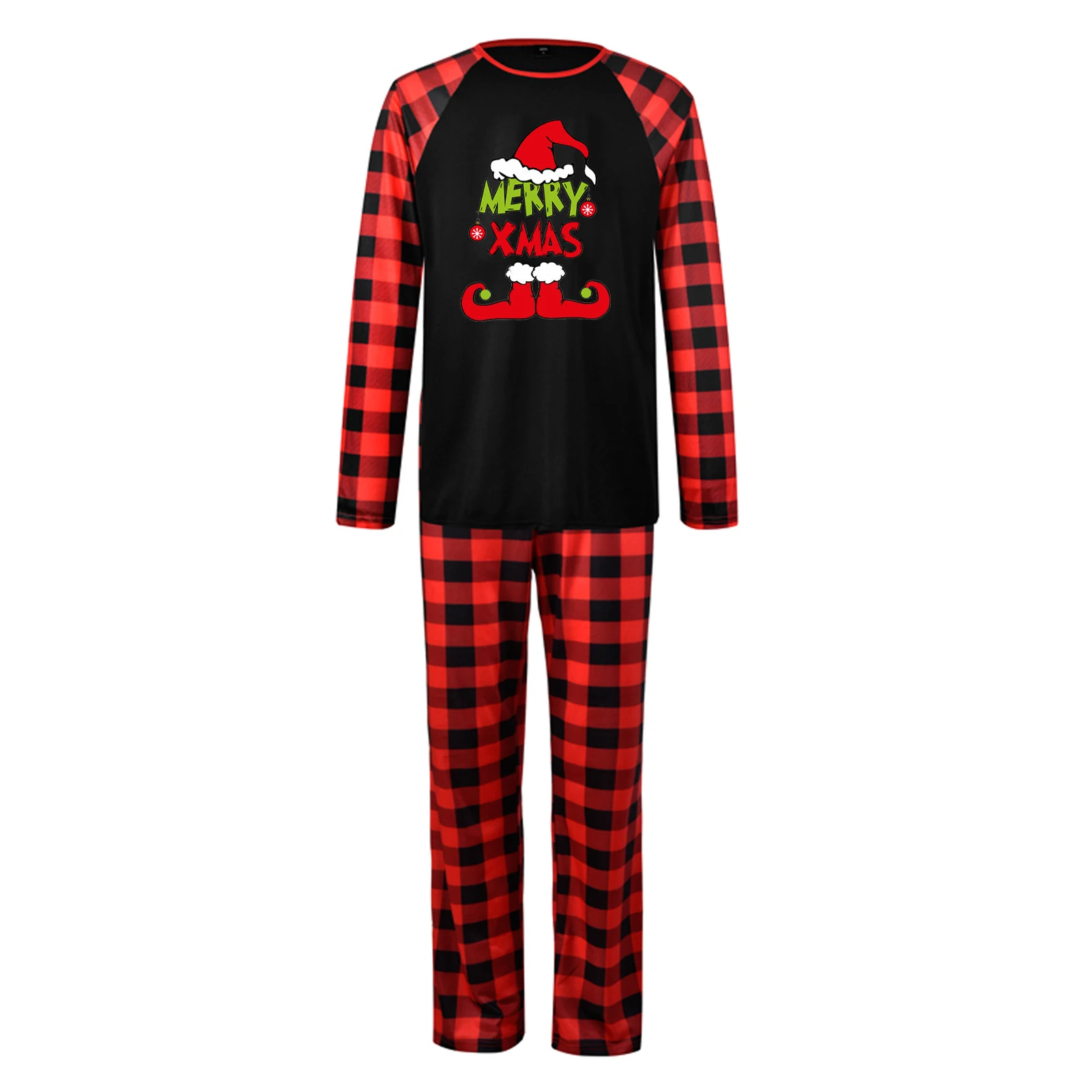 Christmas Pajamas for Family Long Sleeve Cartoon Print Tops + Plaid Trousers Set Holiday Nightwear