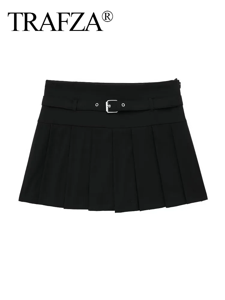 

TRAFZA Summer Skirts Woman 2023 Trendy Solid Color High Waist Belt Decoration Skirts Female Fashion Sweetwear Style Mini Skirts