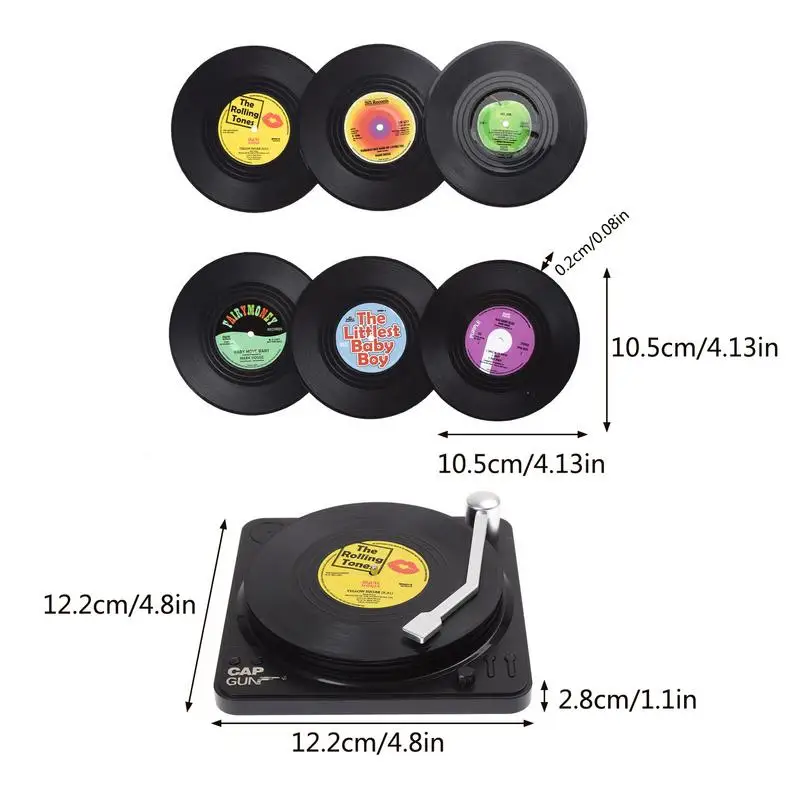 Set of 6 Vinyl Coasters for Drinks Music Coasters with Vinyl Record Player Holder Creative Retro Record Disk Coaster Mug Pad Mat view 6