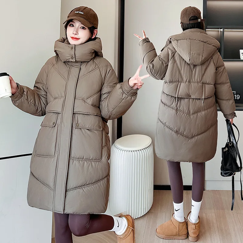 Mid Lenth Parkas Coats Women Hooded Overcoats Solid Zipper Long Sleeves Thick Straight Fit Casual Office Lady Autumn Winter 2025