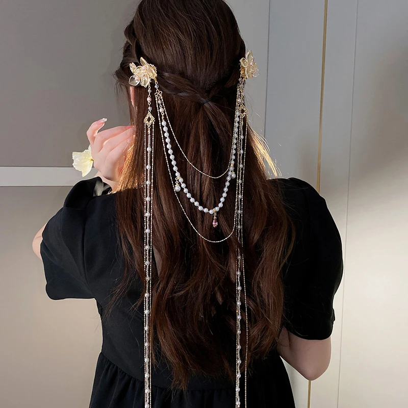 Fashion Peal Rhinestone Flower Long Tassel Hairpin Creative Wedding Hair Clip Hair Accessories