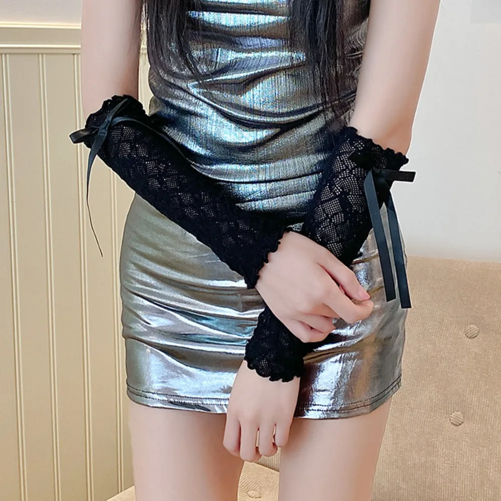 

Y2k Aesthetic Lace Ruffle Arm Sleeves Bowknot Strapping Fishnet Design Lace Gloves Elastic Cuff Y2k Gloves Girl